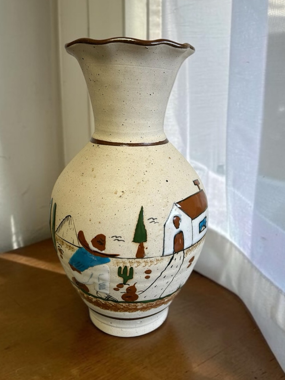 Vintage Tonala Mexican Folk Art Pottery Vase - 11” Siesta Scene - Hand Painted